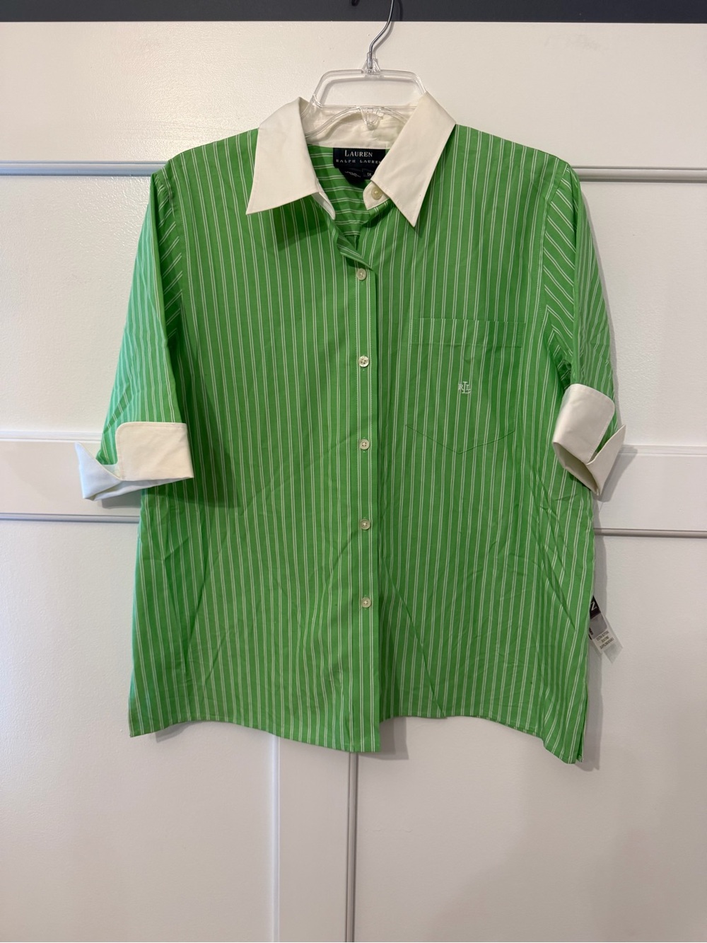 Lauren Ralph Lauren Green Striped Button-Down Shirt with White Contrast Collar